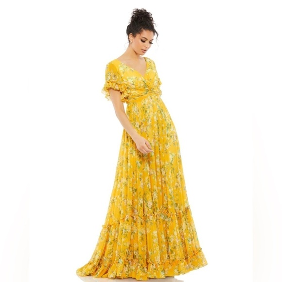 Mac Duggal 67933 NWT Yellow Floral A-line Gown - Picture 1 of 8